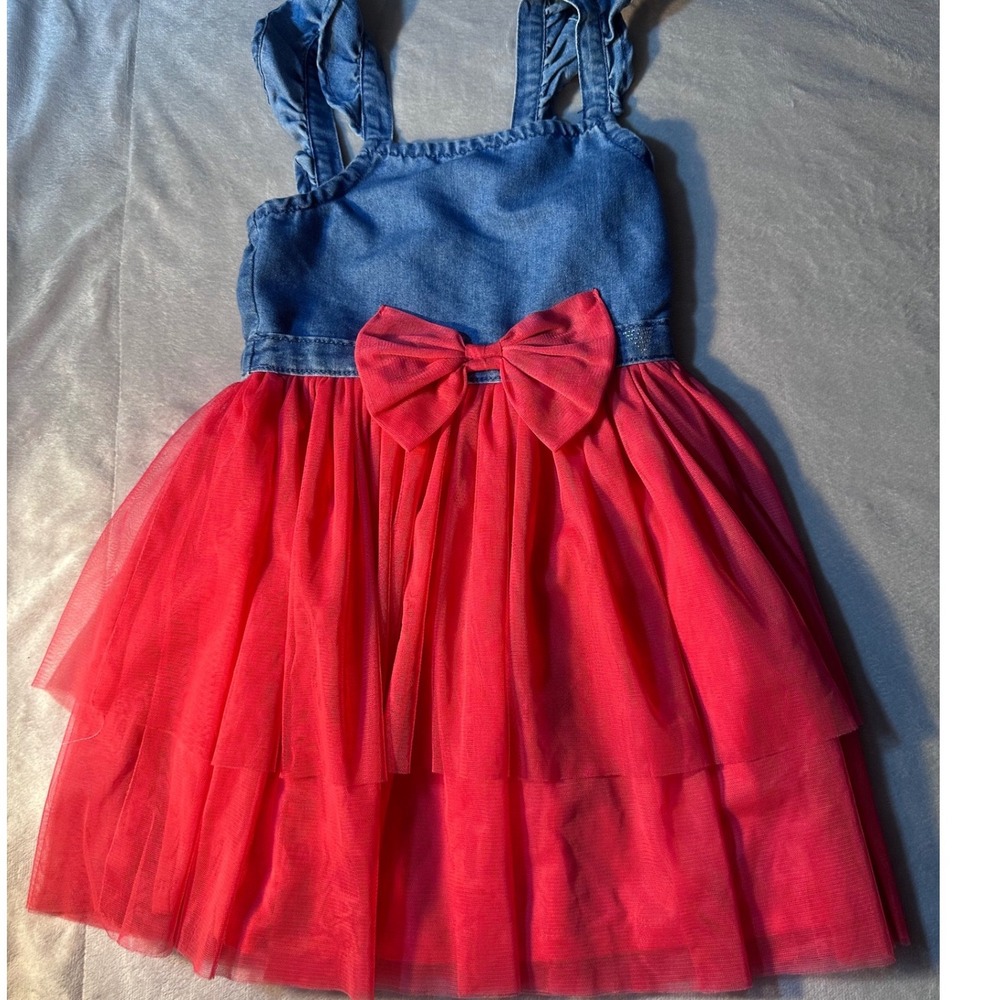 Guess Kids Girls Denim Tulle Dress Red Blue Ruffle Bow Rhinestone GGU19556 6X